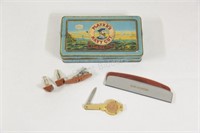 Players Cigarette Tin Box, Cufflink Set, Knife