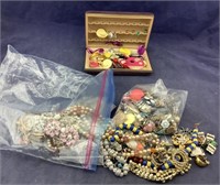 Large Bag Of Vintage Jewelry & Earring Jewelry Box