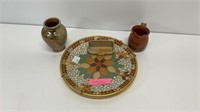 Mosaic plate, pottery vase, and a pottery syrup