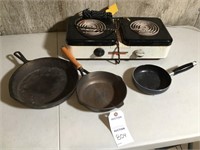 Electric 2 burner hot plate; 3 cast iron pans