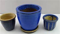 (3) Blue Ceramic Planter Pots