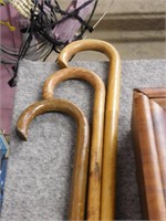 3 vintage wooden canes, bent handles