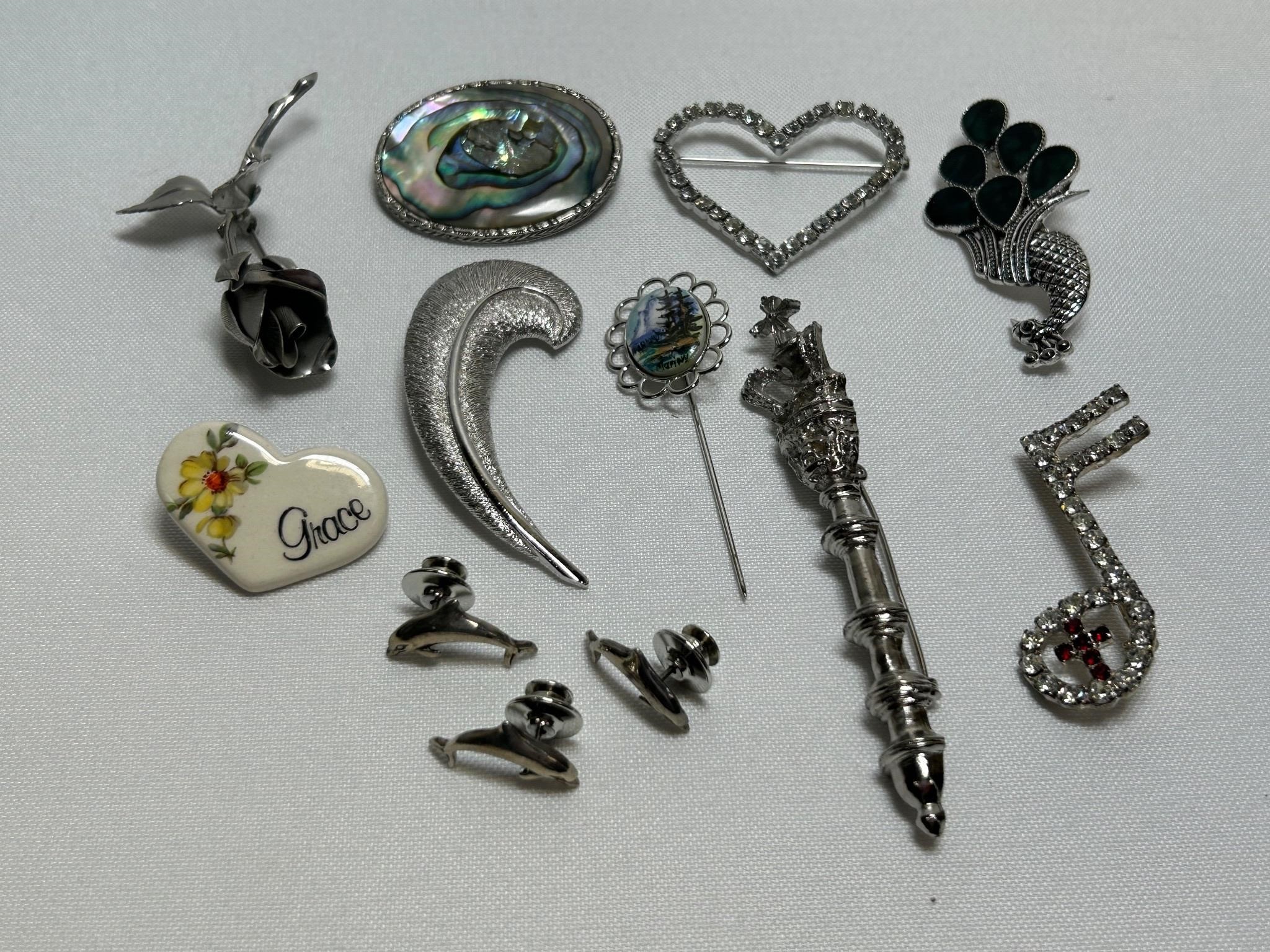 8 Silver Tone Pins, Dolphins, Heart, Grace