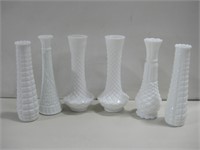 Six Assorted White Glass Vases Tallest 9"