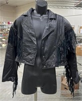 Black Leather w Fringe Jacket Sz L