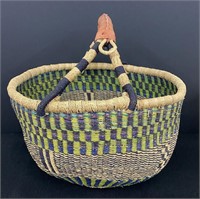 Large Woven Market Basket w/Leather Handle