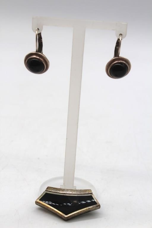 Silver with Black Stone Earrings and Slide