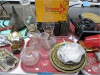 Clear Glass Oil Lamps, Brass Decorative Trays +