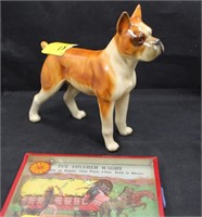 COVERED WAGON GAME AND CERAMIC BOXER DOG FIGURINE