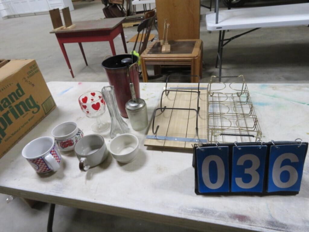 GROUP WIRE RACK, VASE, MUGS, BUCKET AND MORE
