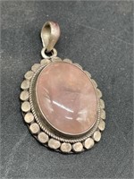 Vintage Silver 925 Large Oval Pendant Rose Stone