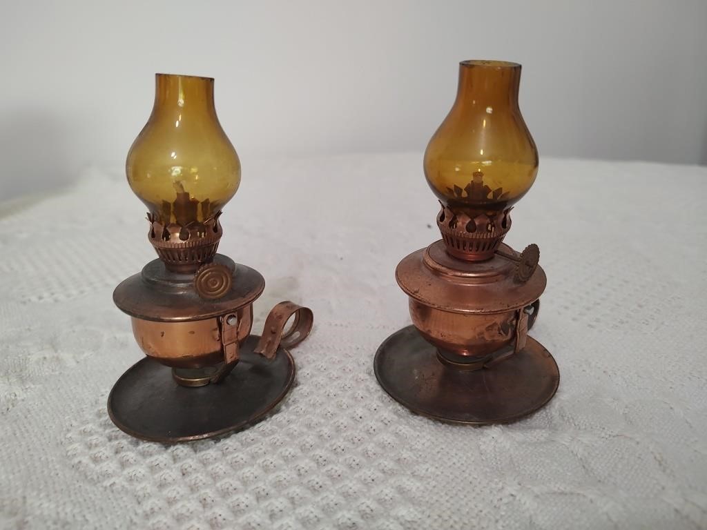 2 Small Copper Castle Brand Oil Lamps