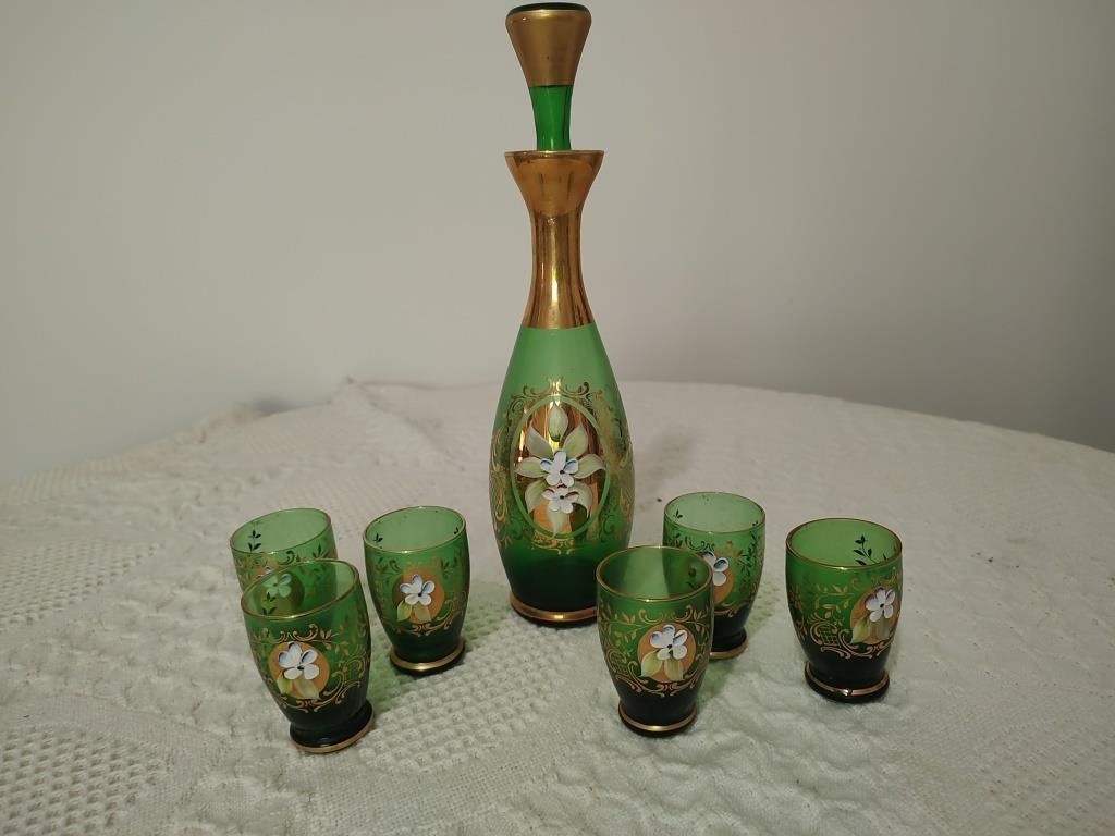 Vintage Czech Green Glass Decanter & Glasses