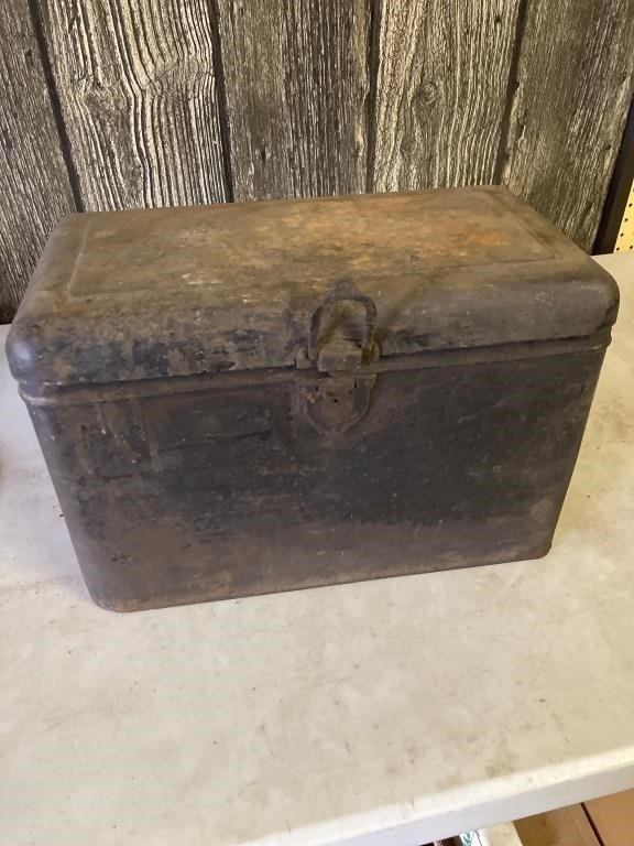 Vintage metal tool box with continents