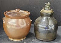 (F) Glazed Stoneware Jar With Metal Bear Lid 8.5"