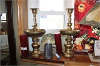 Two Brass Candle Sticks, Pewter Mug, Candles