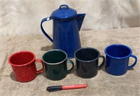 Camping Enamel Coffee Pot and (4) Mugs