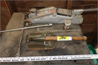 Military shovel, tire iron, floor jack