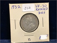 1932  Can Silver 25 Cent Piece  VF30 Rotated dies