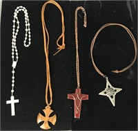 4 PC LOT OF CROSS AND HEAVY PENDANT NECKLACES;