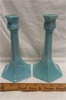 Opaque Blue Iridized Candlesticks (2)