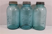 LOT OF 3 HALF GALLON BLUE BALL JARS W/ ZINC LIDS