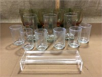 Glassware- 5 green glasses, 4 brown glasses, 3