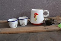 LOT OF SMALL TEA CUPS AND CHICKEN MUG