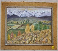 Oil on Canvas of Farmlands & Mountain Scene