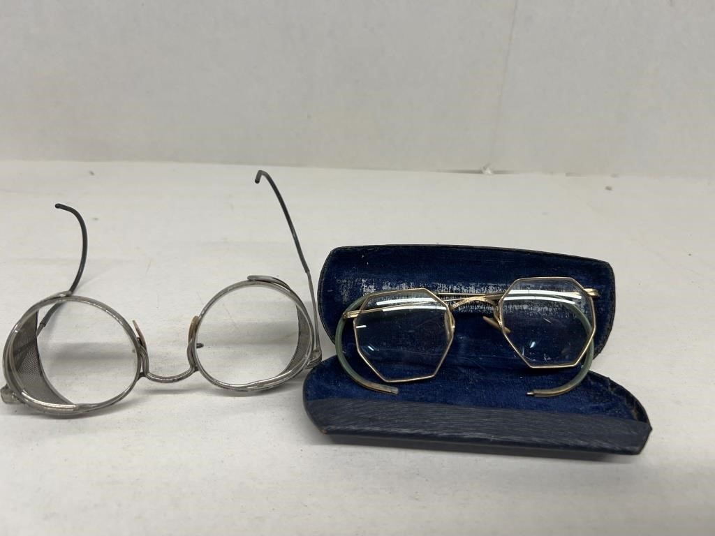 Antique eyeglasses with case and safety glasses