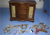 Wooden Jewelry Box Of Costume Jewelry -