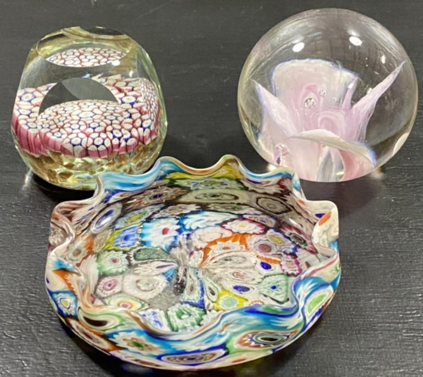 Art Glass Bowl and Paperweights