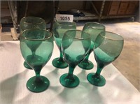 (6) Green Glass Gold Color Rimmed Wine Glasses