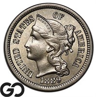 1889 Three Cent Nickel, Super Nice Near Gem BU++