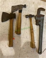 Tools - two hatchets, a ball peen hammer and a