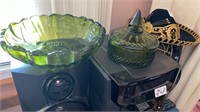 Indiana footed green bowl and lidded candy dish