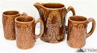 Pottery Pitcher & (3) Mugs