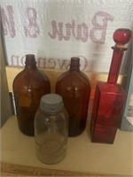 Vtg 2 brown jars, clear Drey jar & red bottle