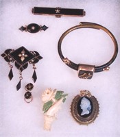 Eight pieces of Victorian mourning jewelry
