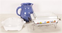 Small Vtg Chafing Dish, Blue Pitcher & Oven Dish