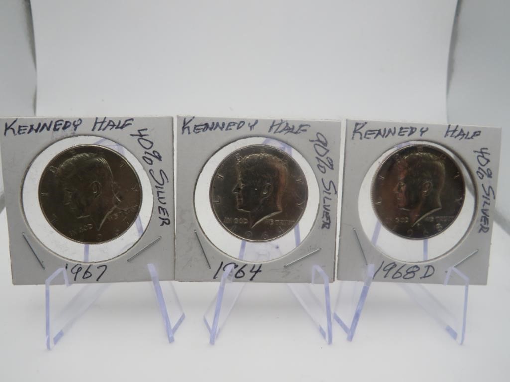 3 Kennedy Half Dollars 1967, 1964, 1968-D