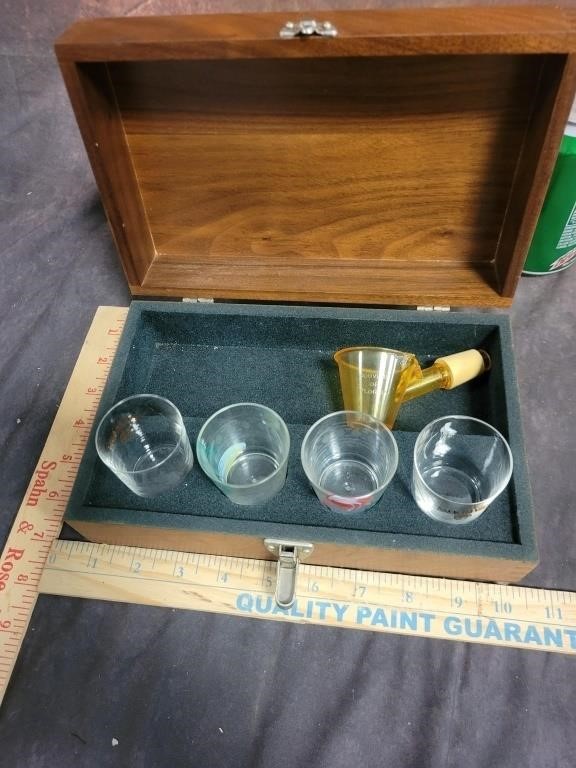 Wooden Box w/ Shot Glasses & Funnel
