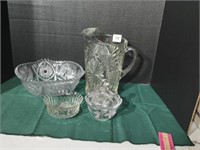 Medallion pressed glass pitcher, 9"T. Small and