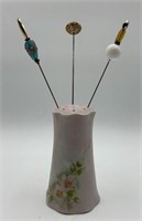Hand Painted Porcelain Hat Pin Holder Signed W/