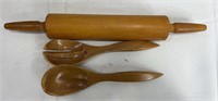 Vintage Wooden Rolling Pin & 2 Spoons