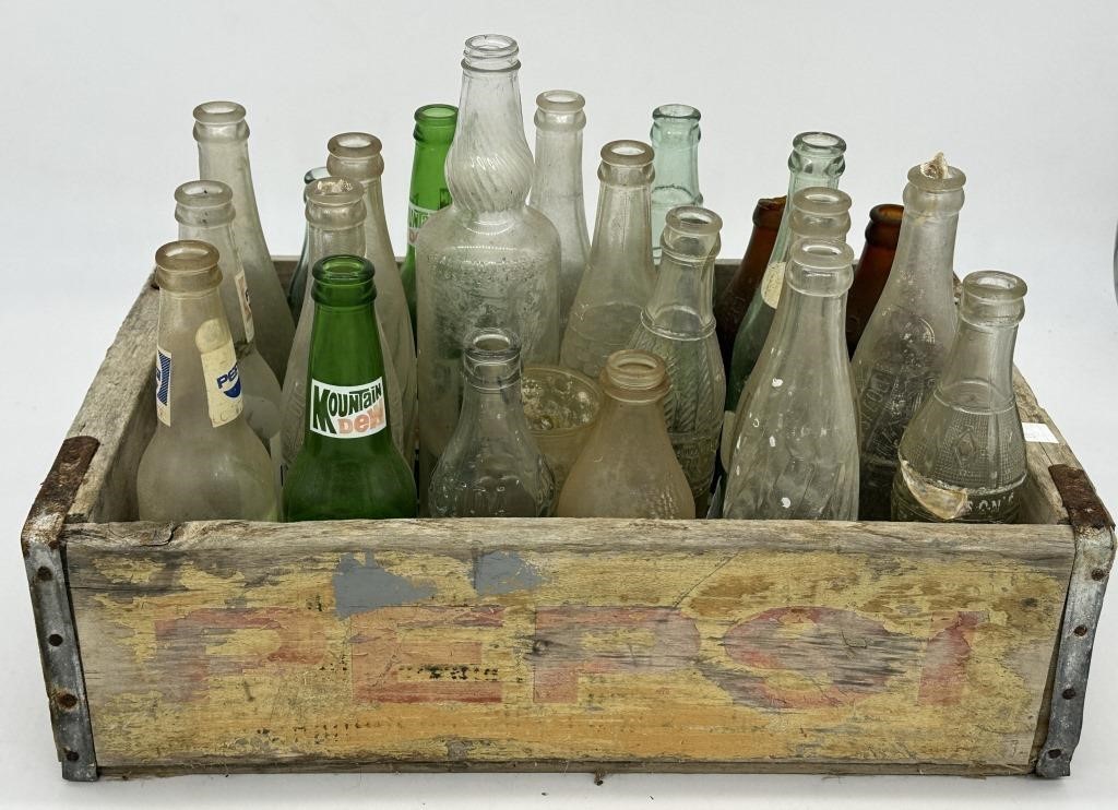 Lot Sound Salvaged Vintage Soda Bottles + Crate