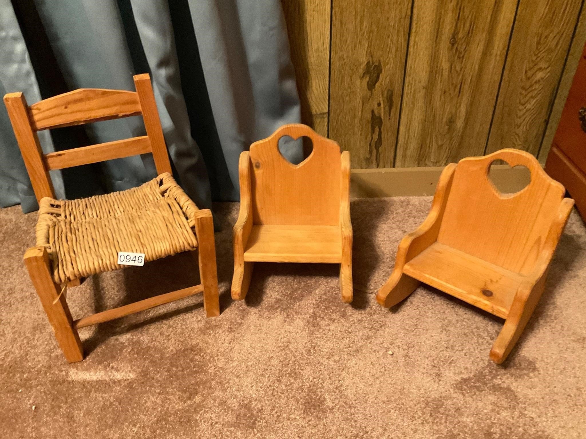 3- wooden doll chairs