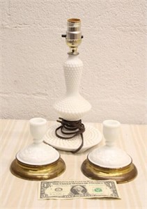 MILK GLASS LAMP AND CANDLEHOLDER PAIR