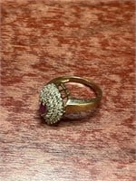10k Yellow Gold Ring Pink Stone & Diamonds Size