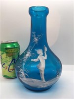 Old Blue Mary Gregory Bottle Vase - as is